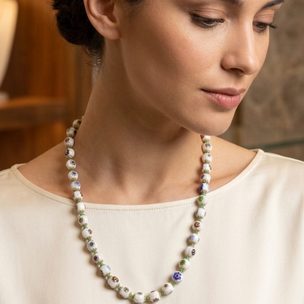 Source Unknown White Porcelain Bead Necklace with Multicolor Floral Accents
